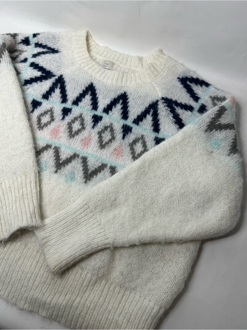 A New Day Fair Isle Sweater Womens XXL Cream Navy Pink Fuzzy Knit Pullover